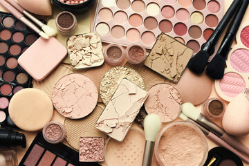Varieties of face powders and foundations for perfect complexion, basic make up products to even out and matte skin, beauty cosmetics with brushes and sponges, selective focus, toned image	 - obrazy, fototapety, plakaty