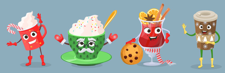 Funny hot winter drink character vector set