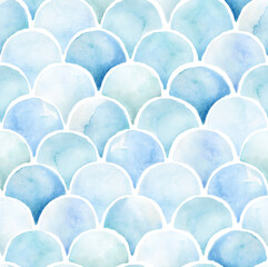 Hand painted watercolor scallop mermaid orient fish scale fractal semicircle leaf tile allover seamless pattern © Oru Type
