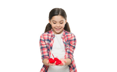 Small girl holding hearts toys. Cute girl with red hearts love. Child hold heart love symbol. Happy valentines day. Family love concept. Warm and pleasant memories. One person, thousand feelings