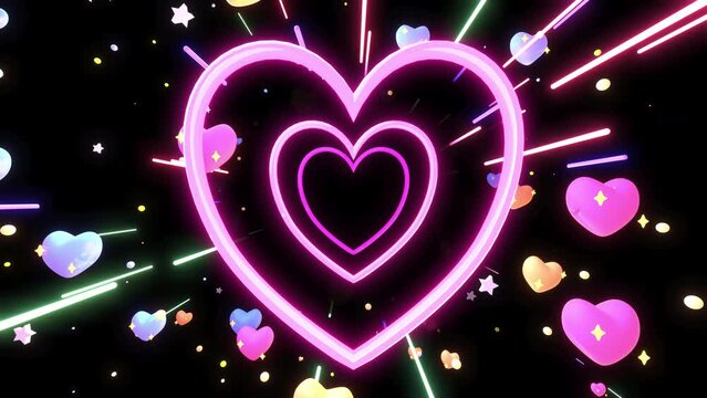 4K looped passing through neon pink heart tunnel with glowing stars and light streaks in the dark animation.