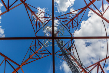 Inside view of telecommunication tower with microwave, radio panel antennas, outdoor remote radio...