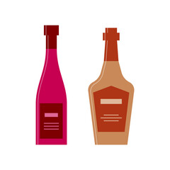 Set bottles of red wine and whiskey, great design for any purposes. Icon bottle with cap and label. Flat style. Color form. Party drink concept. Simple image shape