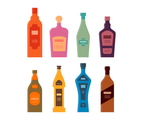 Set bottles of rum cream vermouth liquor whiskey beer vodka balsam. Icon bottle with cap and label. Graphic design for any purposes. Flat style. Color form. Party drink concept. Simple image shape