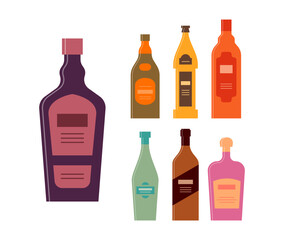 Fototapeta na wymiar Set bottles of liquor balsam beer whiskey wine brandy cream. Icon bottle with cap and label. Graphic design for any purposes. Flat style. Color form. Party drink concept. Simple image shape