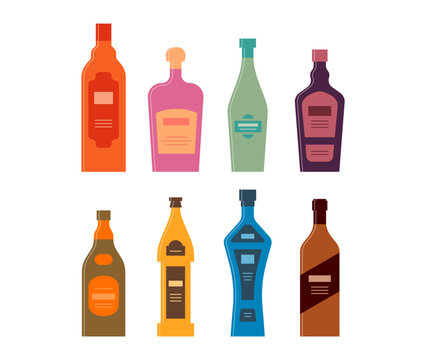 Set bottles of rum cream vermouth liquor whiskey beer vodka balsam. Icon bottle with cap and label. Graphic design for any purposes. Flat style. Color form. Party drink concept. Simple image shape