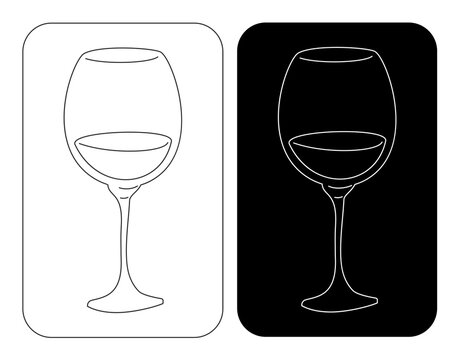 Wine wineglass in thin lines. Cartoon sketch graphic design. Doodle style. Black white hand drawn image. Party drink concept for restaurant, cafe, party. Freehand drawing. Two kinds of illustration