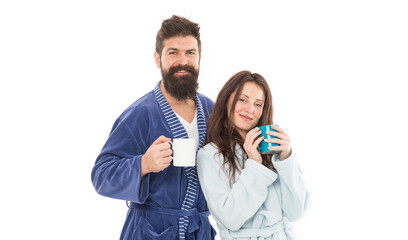 What a great morning. everyday routine. good morning coffee. happy family drink tea. couple in love wear bathrobe. Couple enjoy lazy weekend and drink coffee. man and woman need relax and energy