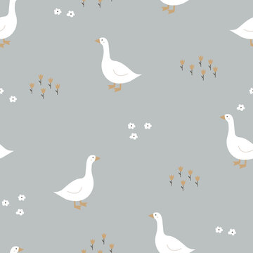 Hand drawn goose seamless pattern. Cartoon geese in a meadow with flowers. Funny kids print. Cute birds.
