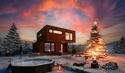 Fototapeta na wymiar Ferienhaus im Winterurlaub mit Schnee und Whirlpool
