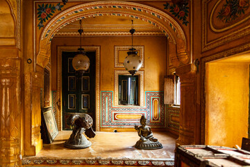Rich decorated interior of an old haveli in Madawa, Rajasthan, India, Asia