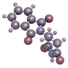 Thalidomide theratogenic drug molecule. Initially used as antiemetic to treat morning sickness in pregnant women but found to cause serious birth defects. Still used in treatment of multiple myeloma.