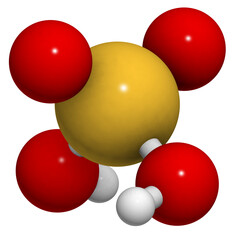 Sulfuric acid (H2SO4, oil of vitriol) molecule, chemical structure. Highly corrosive strong mineral acid. Used as an electrolyte in lead-acid car batteries.