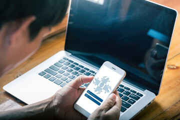 Man using smartphone fingerprint scan and login for security system, Business commercial and personal financial idea concept.