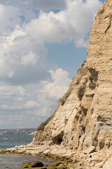 Bulgarian resort-Balchik. Rocky cliffs of sedimentary rock on the Black Sea coast.