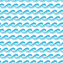 Sea and ocean surf wave seamless pattern of curly blue wavy tides, vector background. Blue wave ripples, water tide curves and tidal surfs, marine aqua flow and nautical wavy line pattern