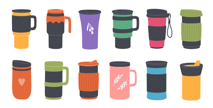 Reusable thermo mugs, tumbler and thermos. Vector travel cups for coffee or tea hot drinks, water bottles or thermal flasks with plastic handles and lids, isolated thermo mugs for takeaway beverages