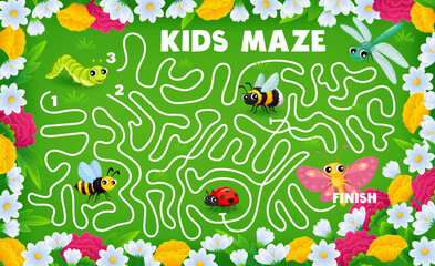 Labyrinth maze game, cartoon insect characters on summer meadow vector worksheet. Kids puzzle, riddle game or quiz of find way maze with butterfly, bee, ladybug, dragonfly, caterpillar and bumblebee
