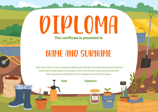 Farmer diploma in agriculture education with vector farm and gardening tools. Horizontal diploma, achievement certificate or award of farming course graduation with garden plants and flower pots