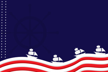 colombus day background vector with american flag pattern and several ships on it. ship rudder silhouette with copy space area. suitable for commemorating Columbus day and others