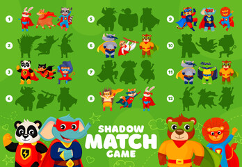 Shadow matching game. Superhero cartoon animal characters kids puzzle vector worksheet. Children education activity riddle quiz with find the correct shadow task, cat, dog, bear and lion super heroes