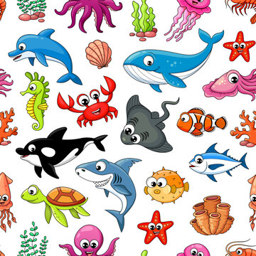 Cartoon underwater animals characters seamless pattern background, vector fishes and animals. Kids ocean and undersea pattern with funny shark, dolphin and whale, octopus and seahorse with starfish