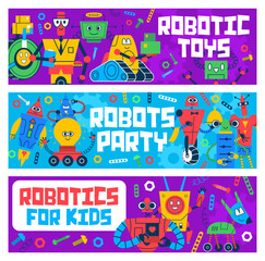 Cartoon robots and droids kids toys, cute space machine characters. Vector vintage android computer assistant, metal humanoid cyborg, robotic dog, robot rocket, spaceman and waiter, kids party invite
