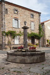 Fototapeta na wymiar Fontaine au centre de la place du beau village de Lavaudieu en Haute-Loire