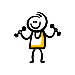 Doodle character of sportsman with dumbbells in his hands.