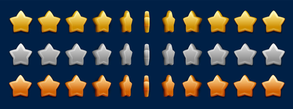 Silver, golden, bronze star rotate. Animated game sprite sheet of vector 3d rate stars. Video game animation effect with spinning winner award, bonus and ranking medal sequence frame, gui assets