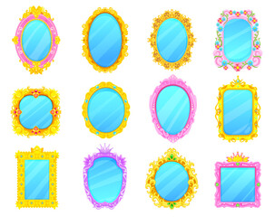Princess mirrors in gold and pink frames. Cartoon vintage mirrors or vector looking glass of fairy tale princess, queen or baby girl with ornate frame borders of golden pattern, royal crowns, flowers