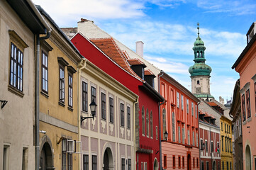 Colorful old buildings and Firewatch tower in Sopron Hungary
