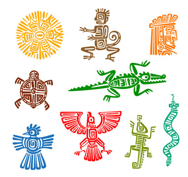 Mayan aztec totems of ancient mexican eagle bird, monkey, snake and Inca god face vector symbols. Isolated tribal sun, turtle, chameleon lizard, crocodile and crow with color ethnic pattern of Maya