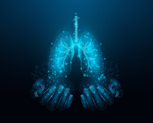 Two human hands are holds human lungs. Support healthy lungs concept. Wireframe glowing low poly design on dark blue background. Abstract futuristic vector illustration.