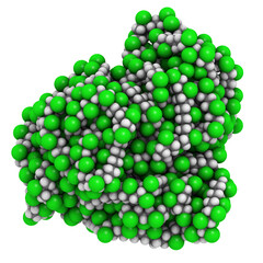 poly(vinyl chloride) plastic (PVC), chemical structure. Used in production of pipes, window frames, electric cable insulation, vinyl records, etc.