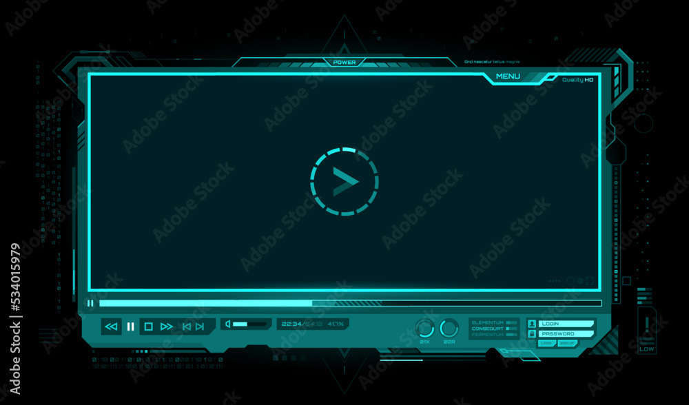 Wall mural hud video player screen interface. futuristic ui of vector digital video player, hologram overlay sc