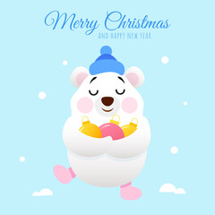 White cute polar bear with Christmas balls in his hands as a New Year's design
