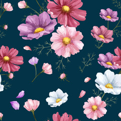 Obraz na płótnie Canvas Seamless floral pattern in the night garden with different kind of flower ,Design for fashion,fabric,textiles,wallpaper,wrapping and all prints on navy blue background color 