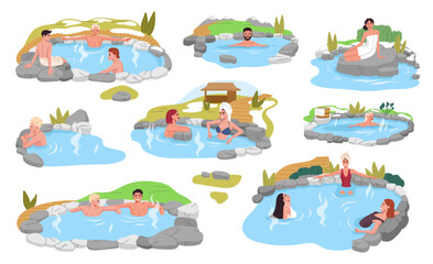 Japan onsen, women and men relaxing in spring thermal pool or bath with rocks, hot water and steam. Vector spa hotel, japanese outdoor bathtub ot tub of asian resort ryokan with young people