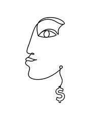 Woman silhouette face with dollar as line drawing picture on white