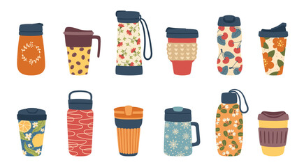 Reusable thermo mugs tumblers and thermal coffee cups, vector icons. Thermos flasks and travel water bottles with drinking lids, grips and strap holders, vacuum thermo mugs and insulated tumblers