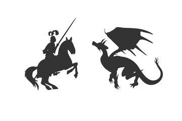 knight and dragon fight silhouette. Medieval battle outlines.