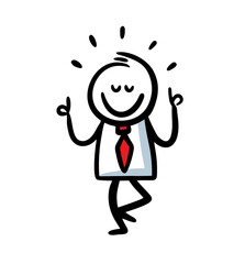 Office man with red tie making relaxing yoga pose.