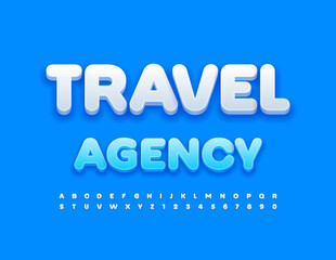 Vector modern sign Travel Agency.  Cute white 3D Font. Artstic Alphabet Letters and Numbers set