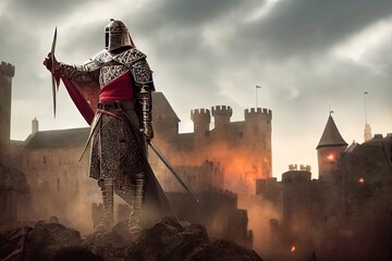 Ancient knight defending a castle - obrazy, fototapety, plakaty