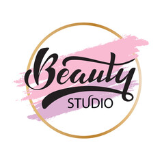 Beauty studio. Digital hand lettering. Logo for company cosmetic business packaging.Black letters on the pastel textured gossamer pink color in golden circle frame. Fashion luxury logotype emblem.