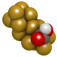 Perfluorooctanoic acid (PFOA, C8) molecule. Important and persistent pollutant.