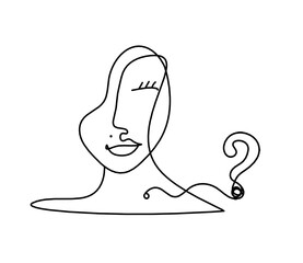 Woman silhouette face with question mark as line drawing picture on white