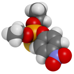 Parathion pesticide molecule. Organophosphate insecticide, has also been used as chemical weapon.