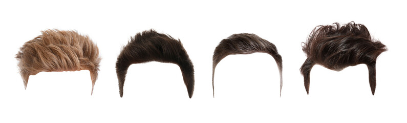 Fashionable men's hairstyles isolated on white, collage. Banner design